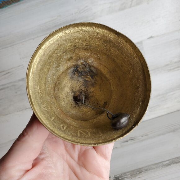 Vintage Etched Brass Hand Bell Wood Handle India - School, Teacher, Call Service - Picture 5 of 12